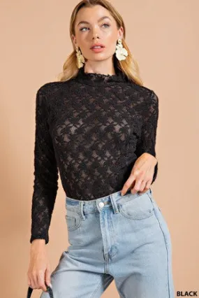 BLACK LACE MOCK NECK LONG SLEEVE BODYSUIT