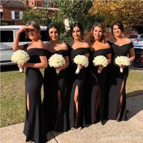 Black Mermaid Off Shoulder High Slit V-neck Long Bridesmaid Dresses,WG1194