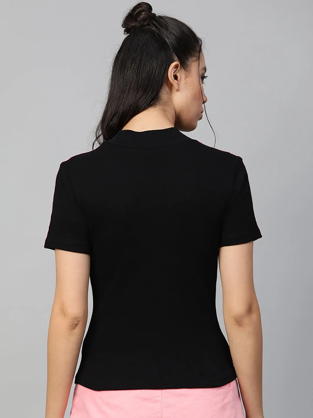 Black Rib High Neck Shoulder Tape Top