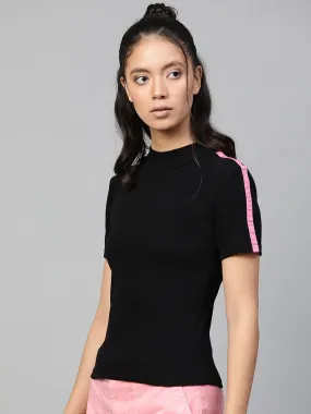 Black Rib High Neck Shoulder Tape Top