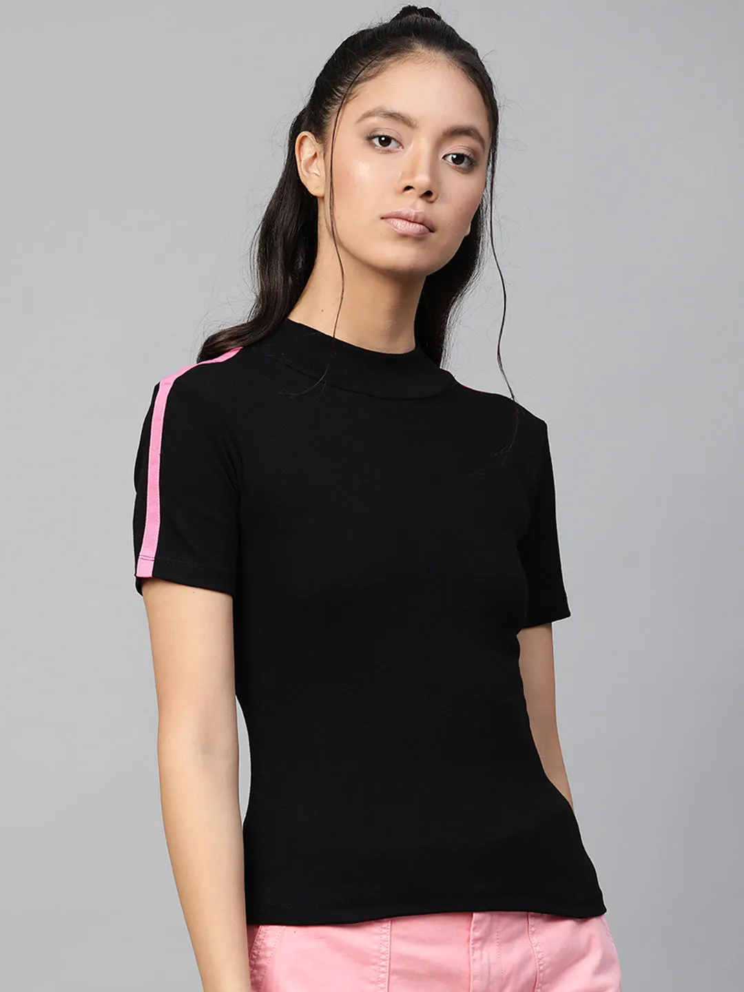 Black Rib High Neck Shoulder Tape Top