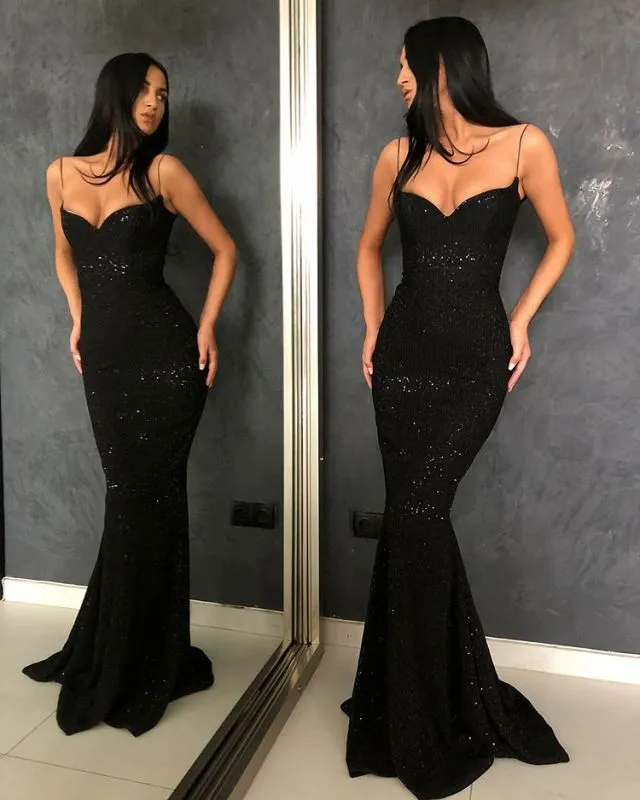 Black Sheath Open Back Spaghetti Straps equins Prom Dresses P01078