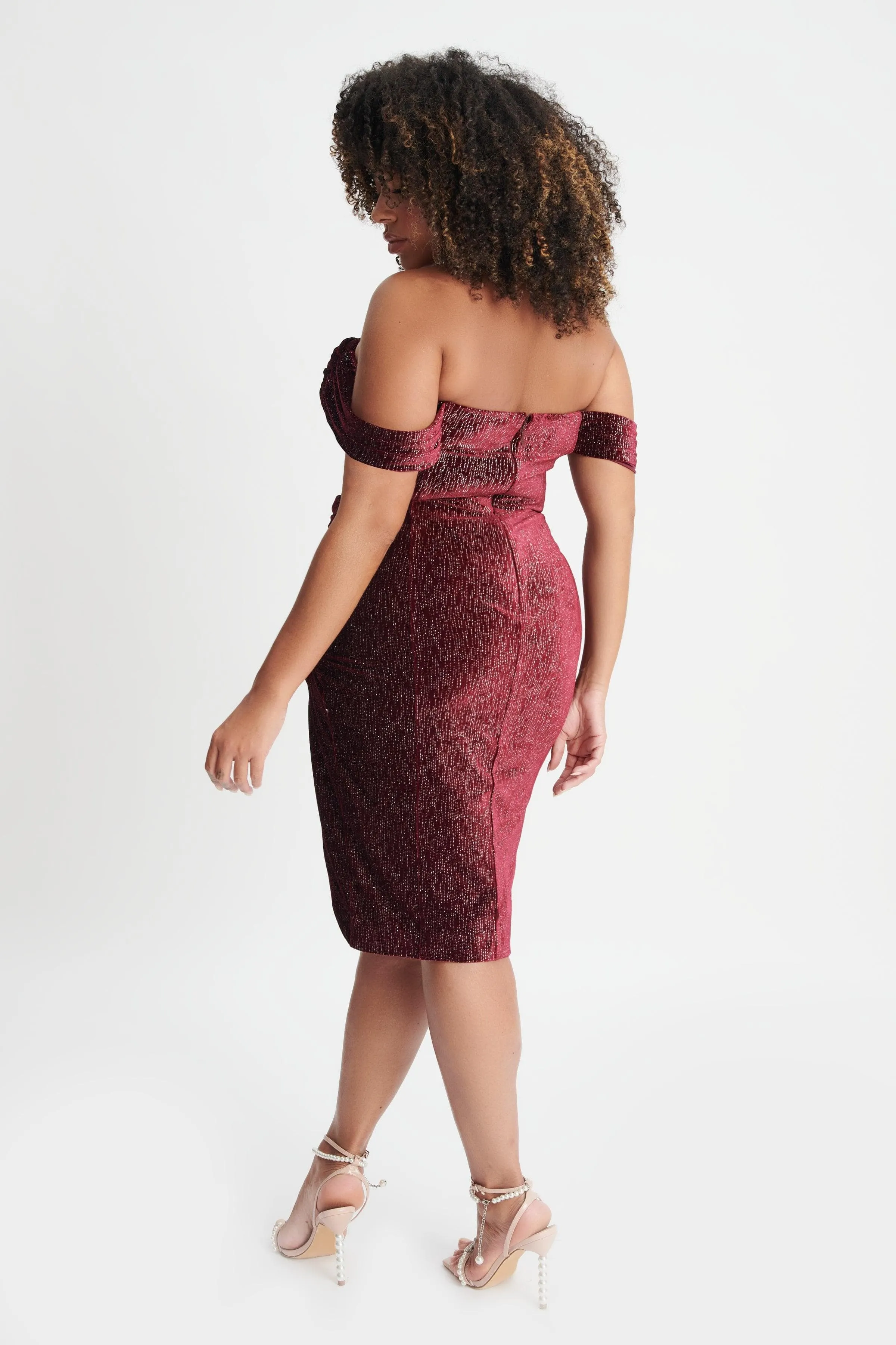 BLAKE Curve Diamante Velvet Pleated Off Shoulder Midi Dress In Burgundy