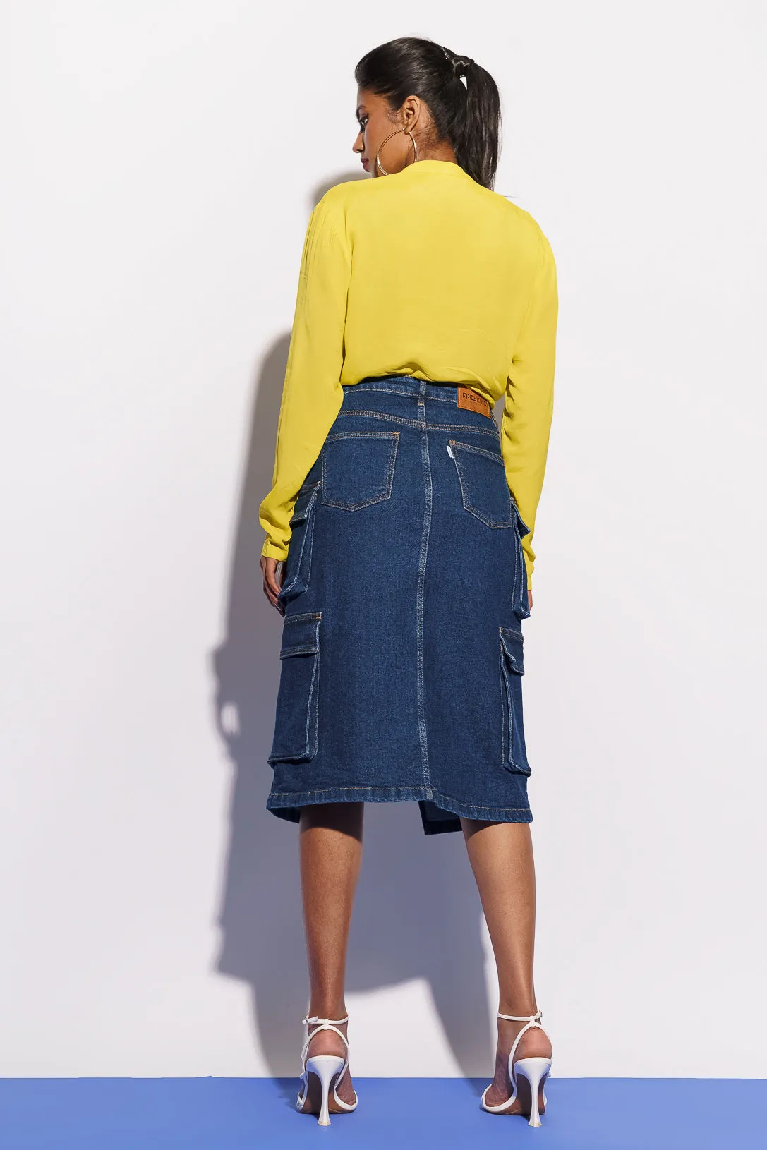 Blue Denim Midi Cargo Skirt With Slit