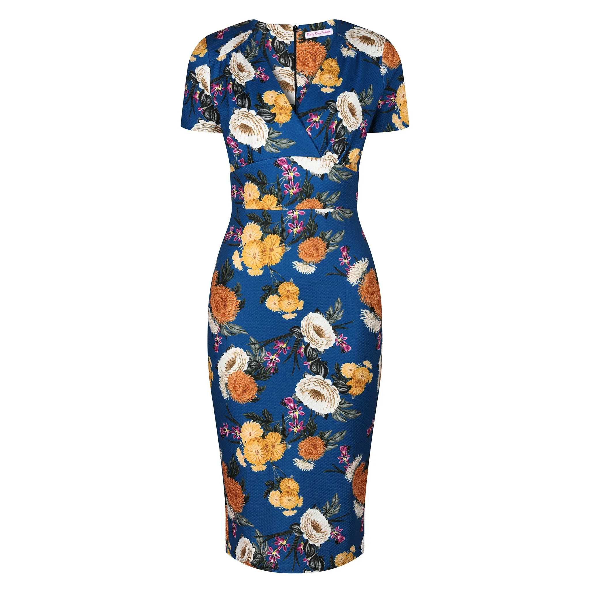 Blue Floral Print Jacquard Pencil Dress With Cap Sleeves & Empire Waist