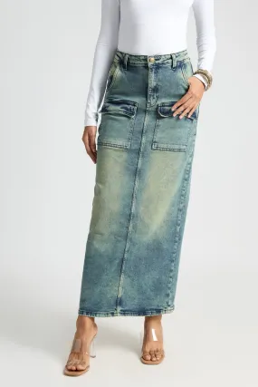 Blue Utility Pocket Denim Midi Skirt