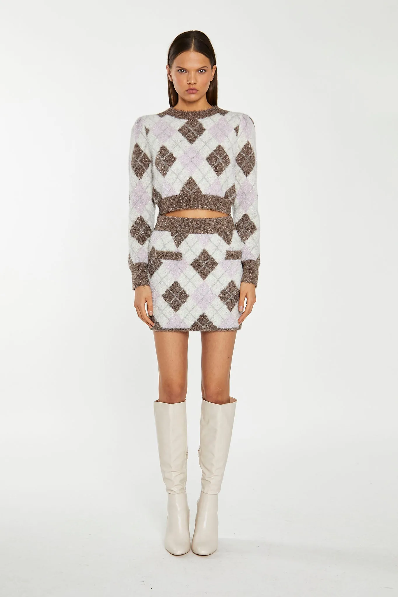 Brown Multi-Argyle Glitter Knit Mini-Skirt