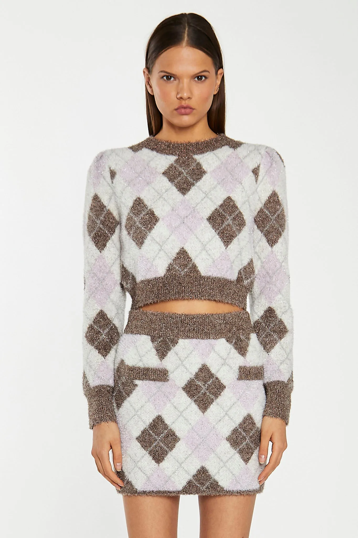 Brown Multi-Argyle Glitter Knit Mini-Skirt