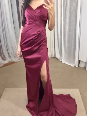 Burgundy Mermaid Spaghetti Straps Floor Length Prom Dress With Splits, Mermaid Burgundy Satin Long Formal Evening Dresses