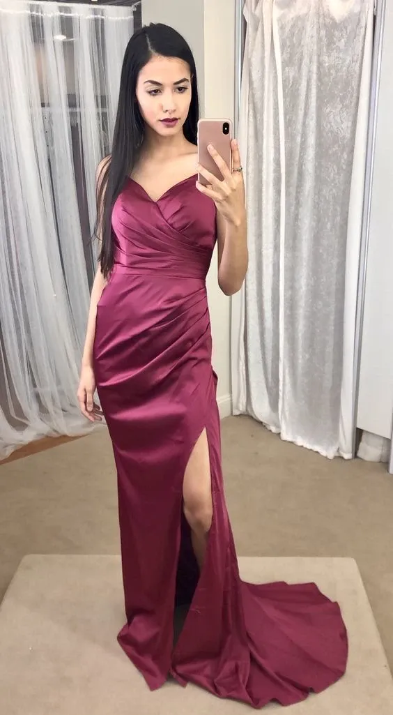 Burgundy Mermaid Spaghetti Straps Floor Length Prom Dress With Splits, Mermaid Burgundy Satin Long Formal Evening Dresses