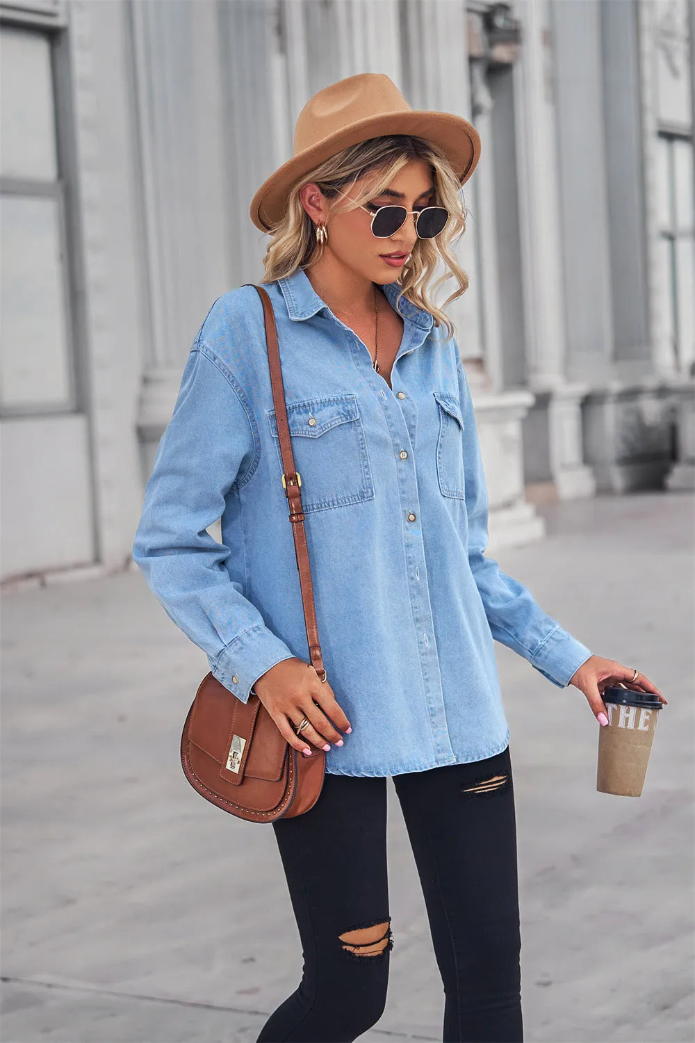 Button Down Dropped Shoulder Denim Top