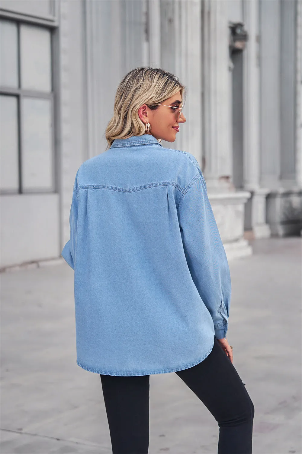 Button Down Dropped Shoulder Denim Top