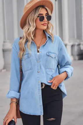 Button Down Dropped Shoulder Denim Top