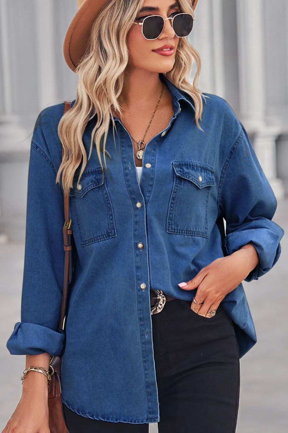 Button Down Dropped Shoulder Denim Top