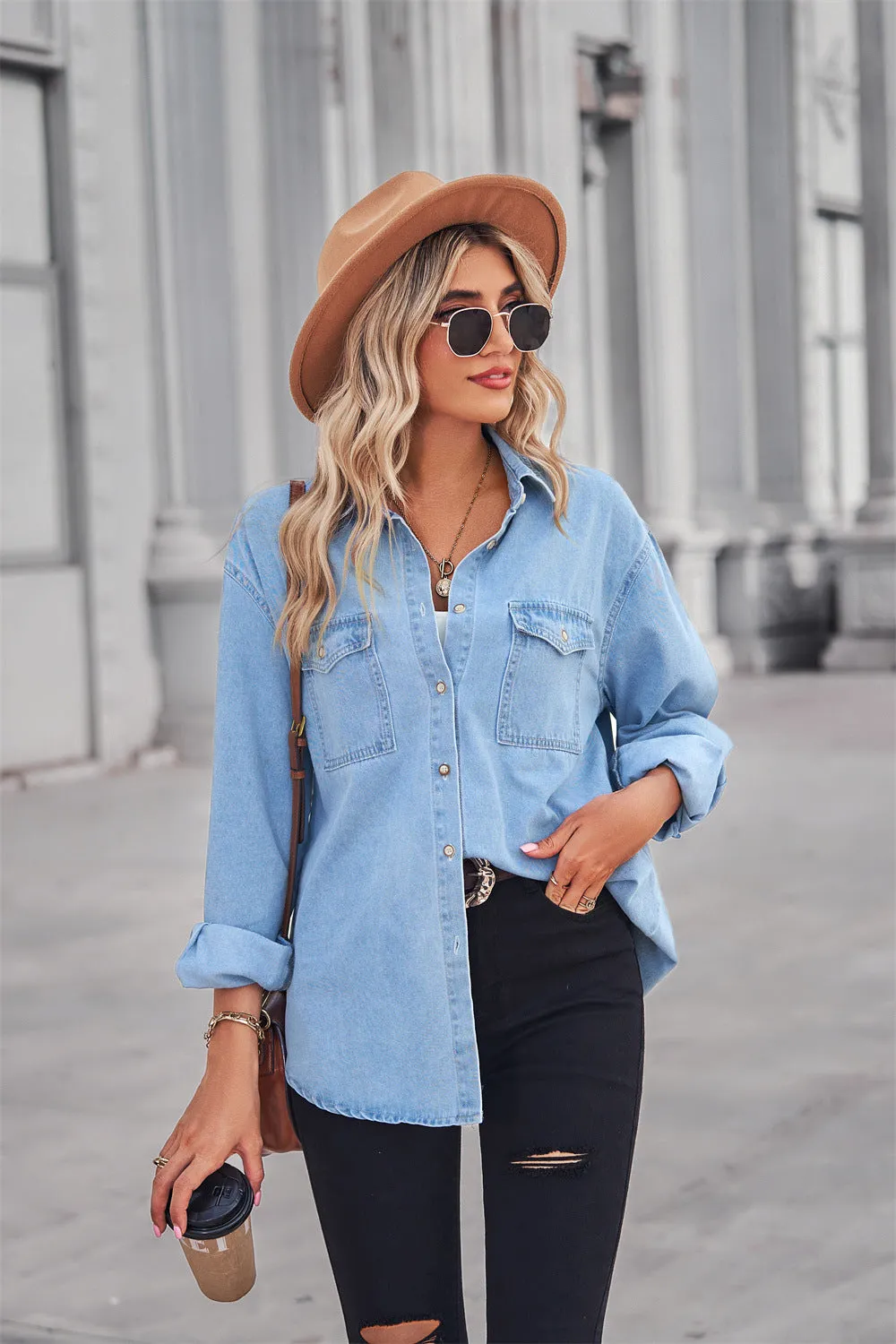 Button Down Dropped Shoulder Denim Top