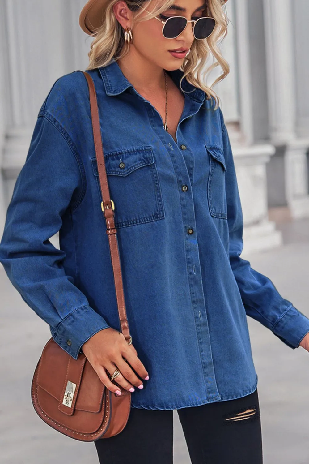 Button Down Dropped Shoulder Denim Top