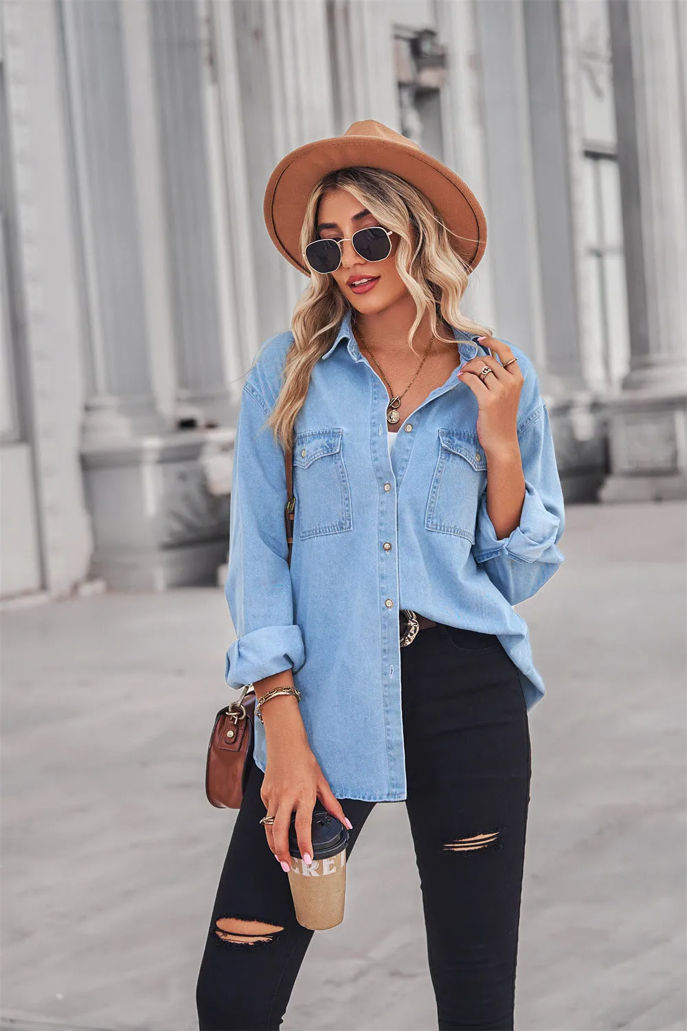 Button Down Dropped Shoulder Denim Top