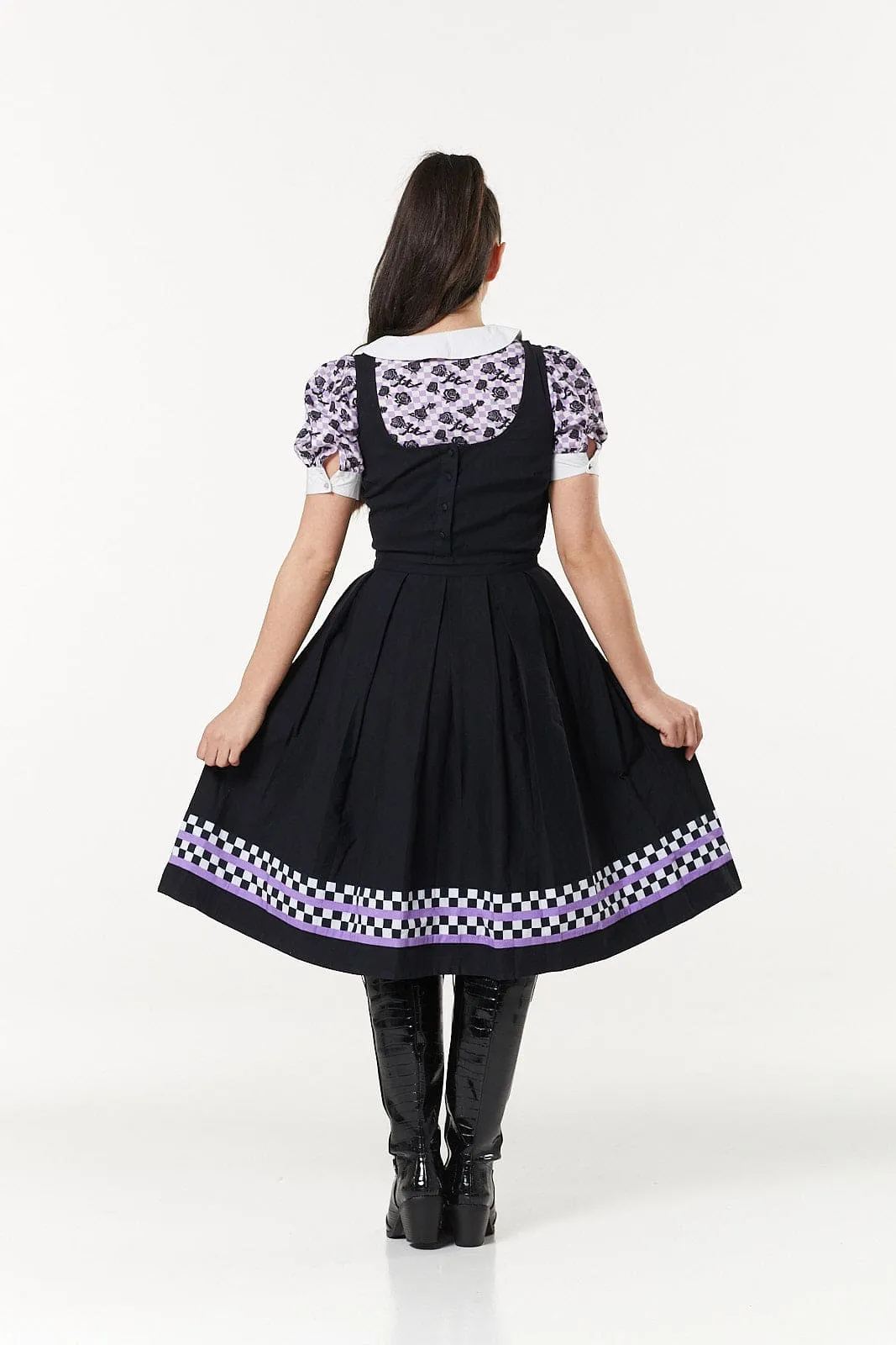 Checker Pinafore Dress In Purple & White