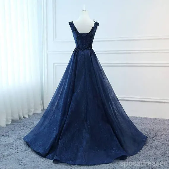 Corset Navy V Neck A-line Lace Custom Long Evening Prom Dresses, 17716