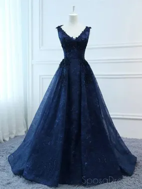 Corset Navy V Neck A-line Lace Custom Long Evening Prom Dresses, 17716