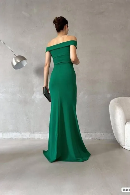 Crepe Long Slit Carmen Off Shoulder Maxi Dress - Green