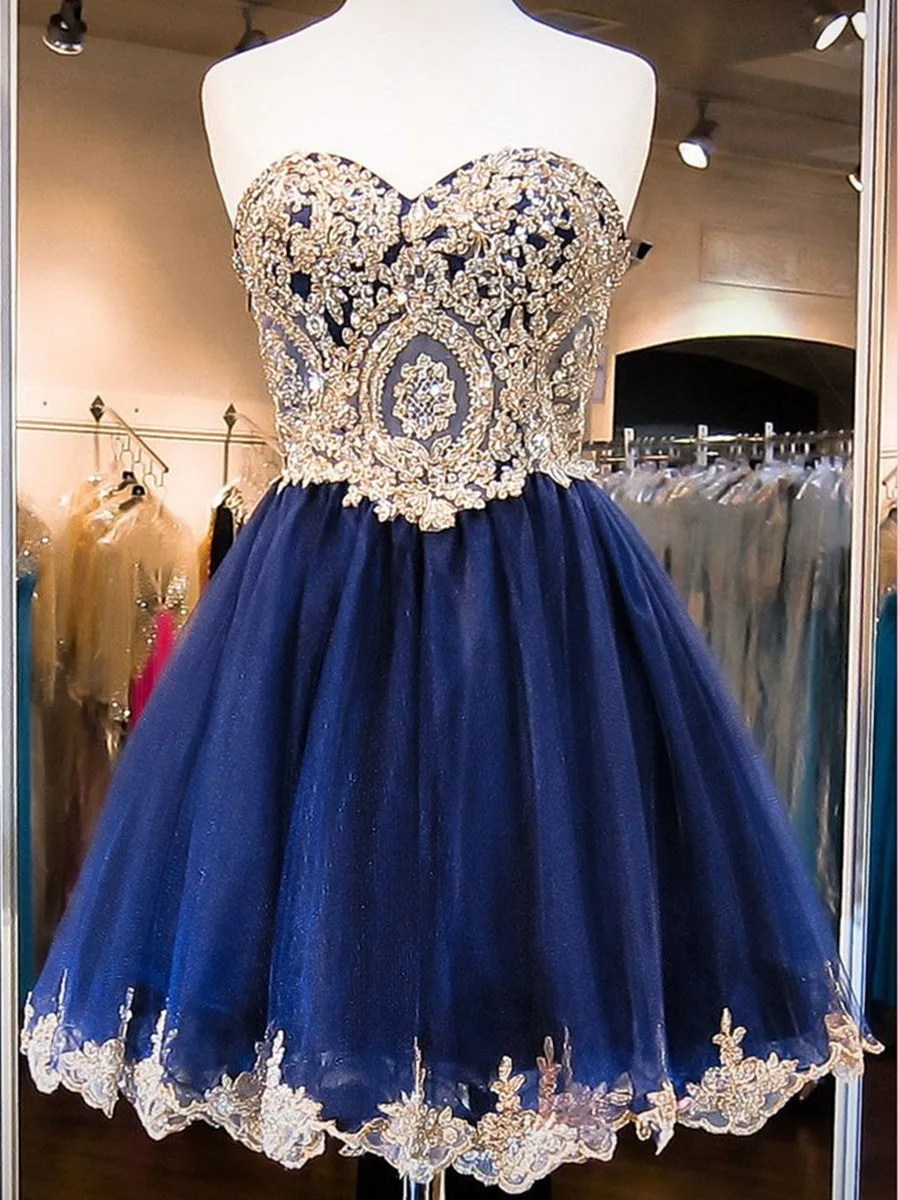 Custom Made A Line Sweetheart Neck Backless Lace Short Blue Prom Dresses, Blue Homecoming Dress, Blue Graduation Dress