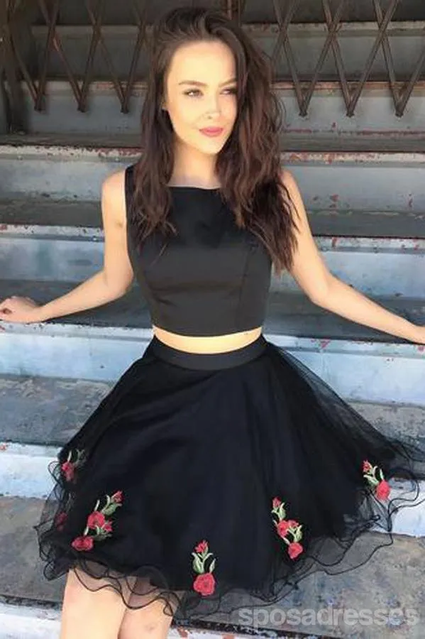 Cute Simple Two Piece Black Lace Cheap Homecoming Dresses 2018, CM416