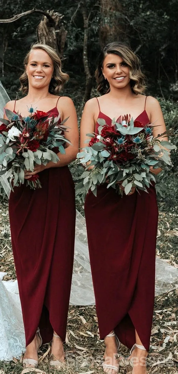 Dark Red Spaghetti Straps  Ankle Length Cheap Bridesmaid Dresses Online, WG677