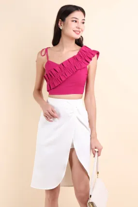 ELIANA RUFFLES SHOULDER TIE TOP IN FUSCHIA