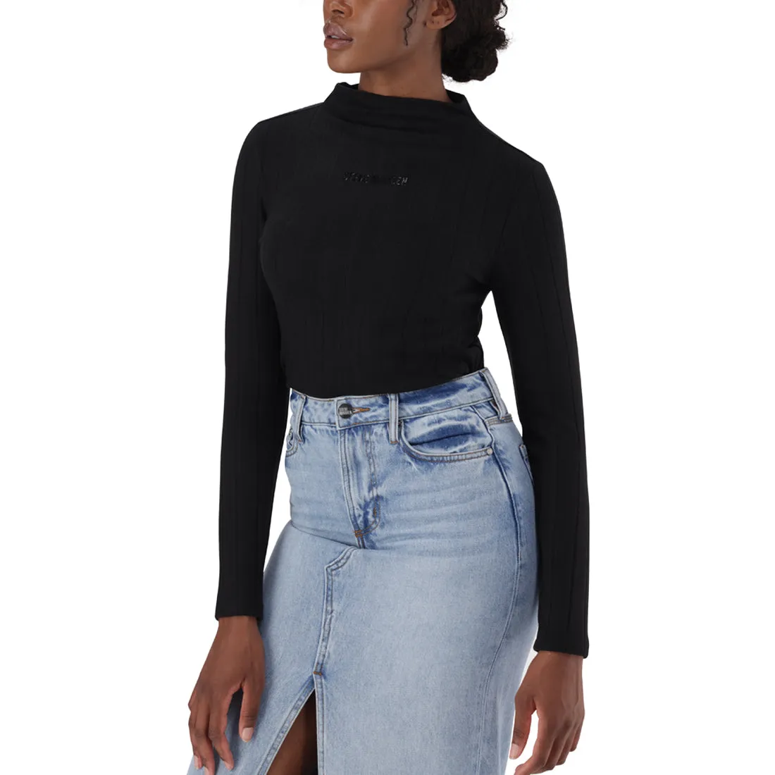 ELIZA BLACK RIB FUNNEL NECK TOP