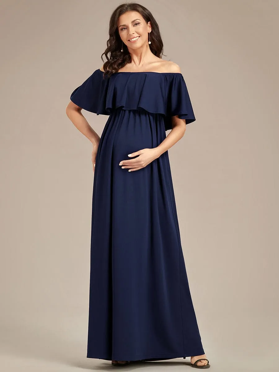 Flattering A-Line Maternity Dress with Off-Shoulder Ruffle