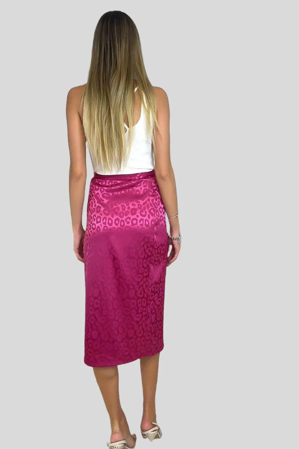 Fuchsia Leopard Pattern Wrap Over Midi Skirt