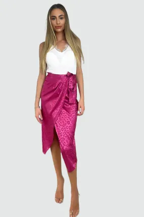 Fuchsia Leopard Pattern Wrap Over Midi Skirt