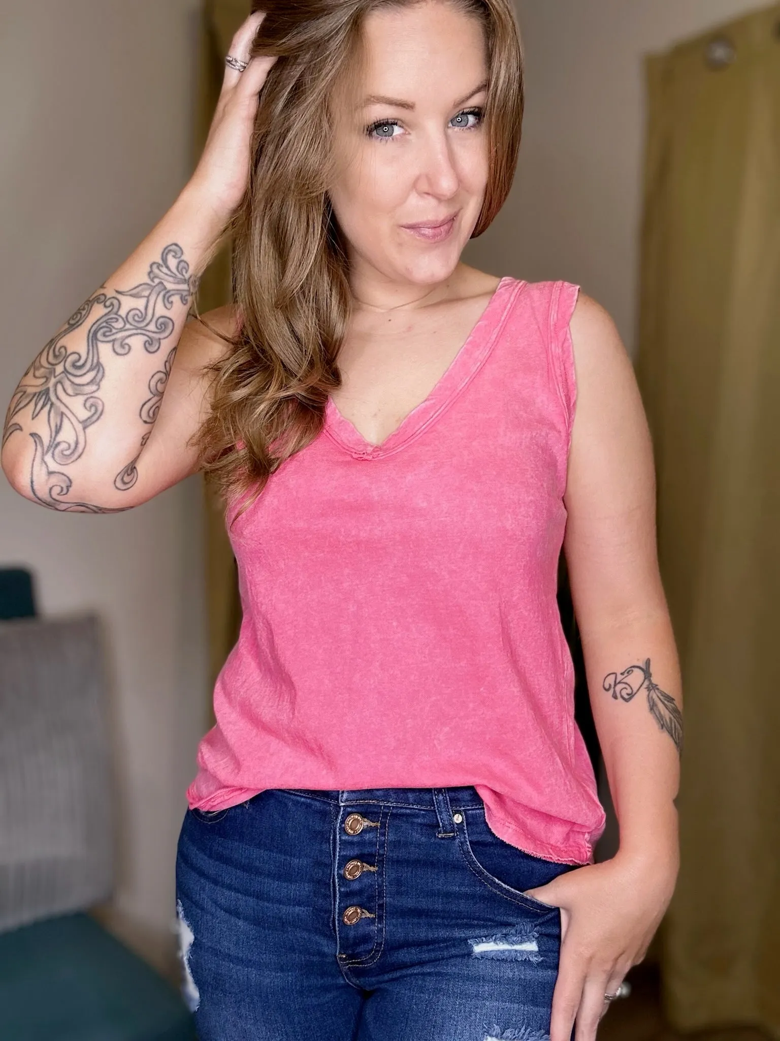 Fuchsia V Neck Top