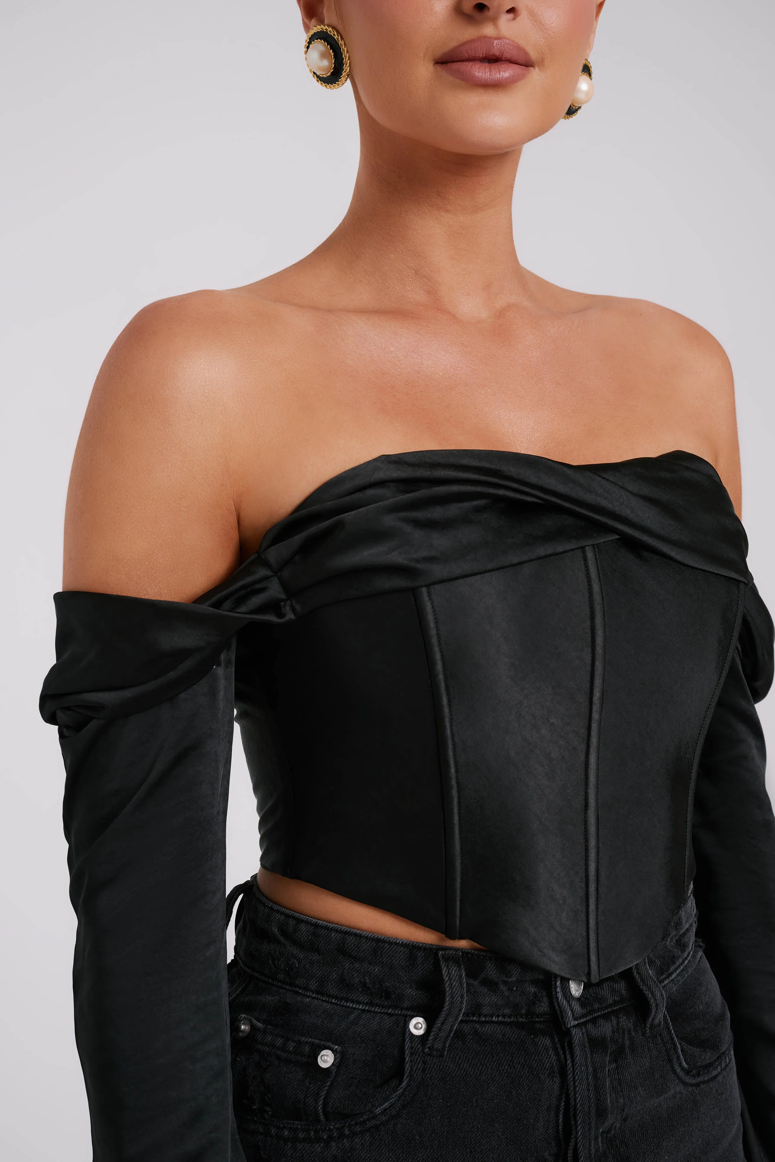 Giselle Satin Off Shoulder Top - Black