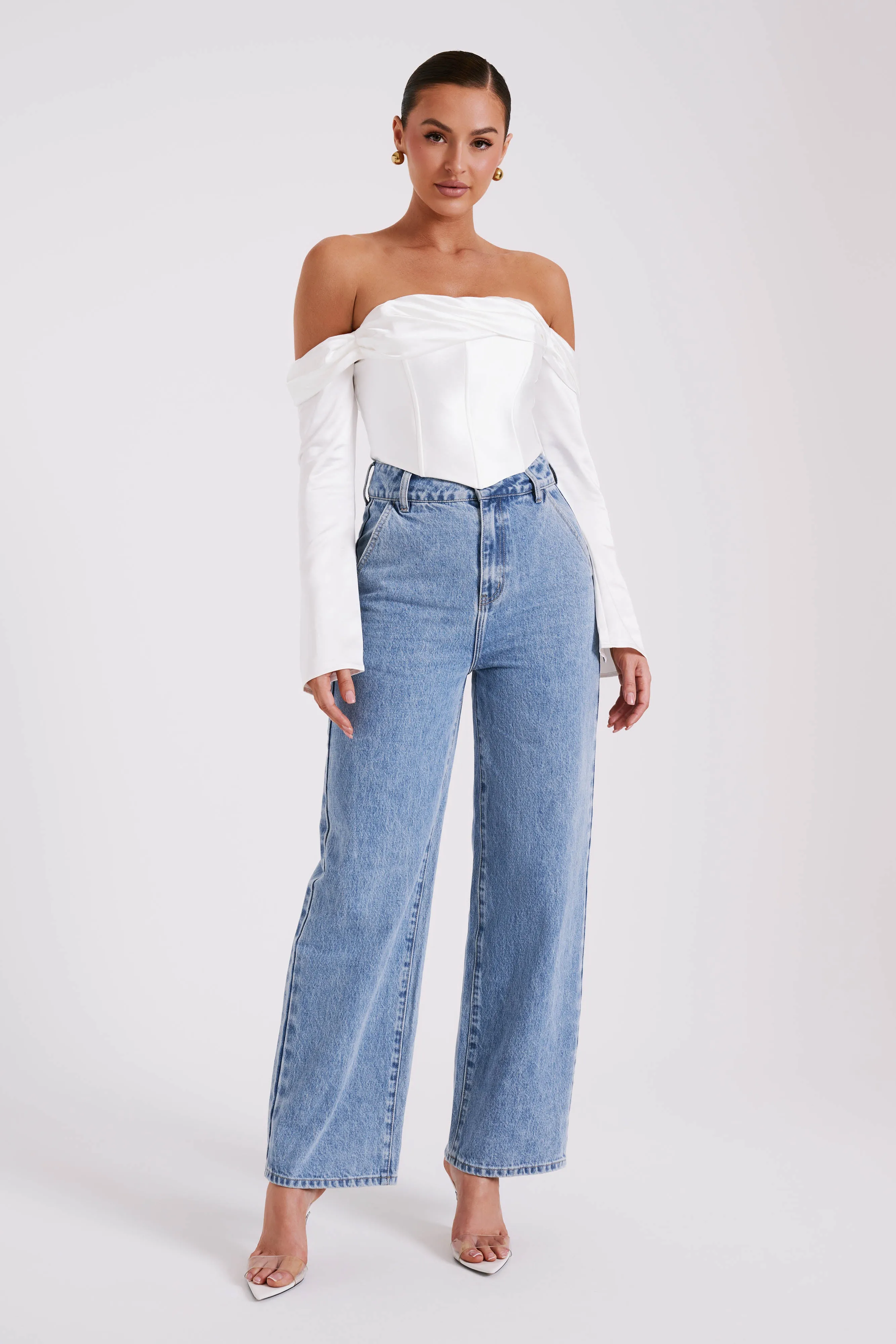 Giselle Satin Off Shoulder Top - White