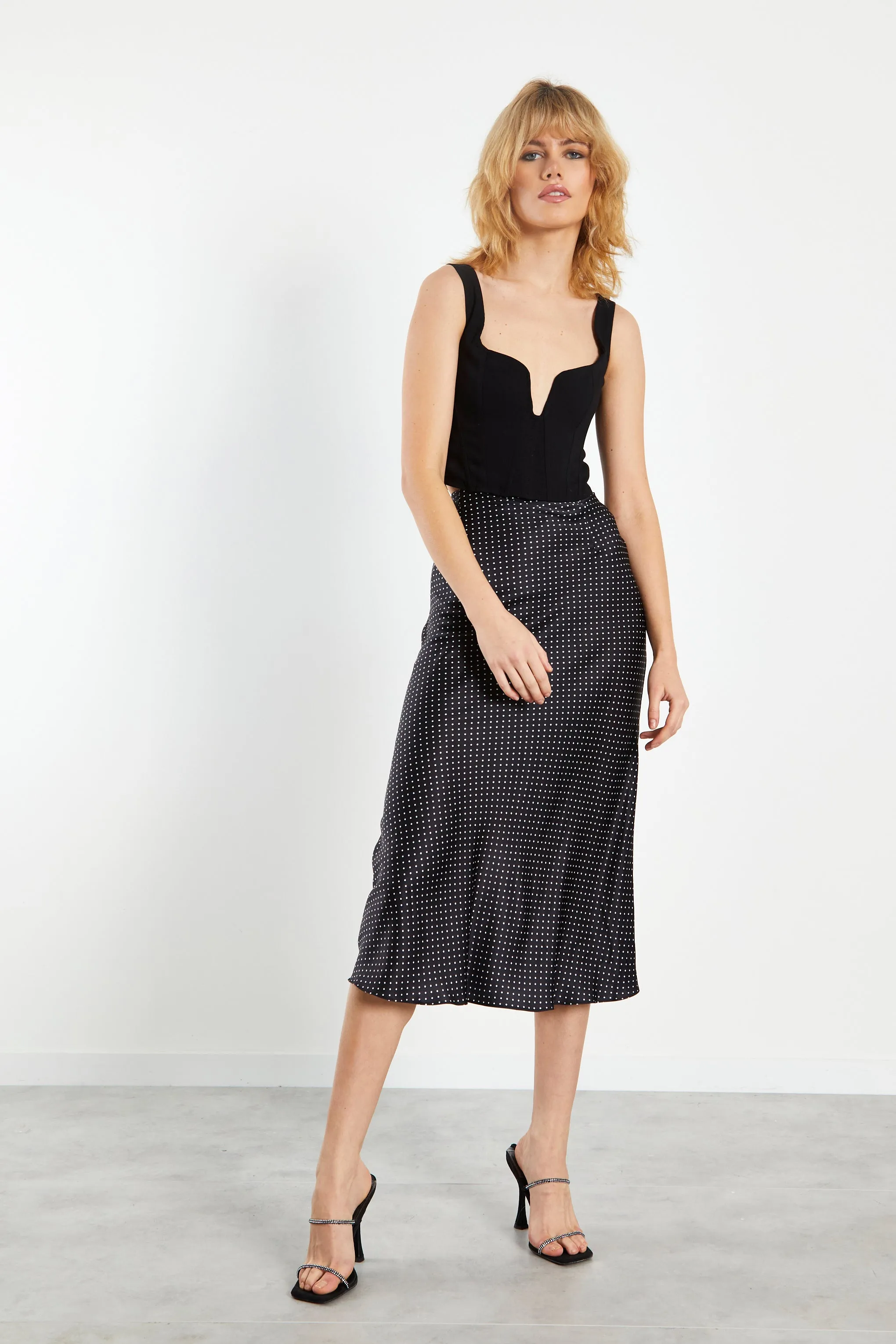 Glamorous Black White Spot Midi Skirt