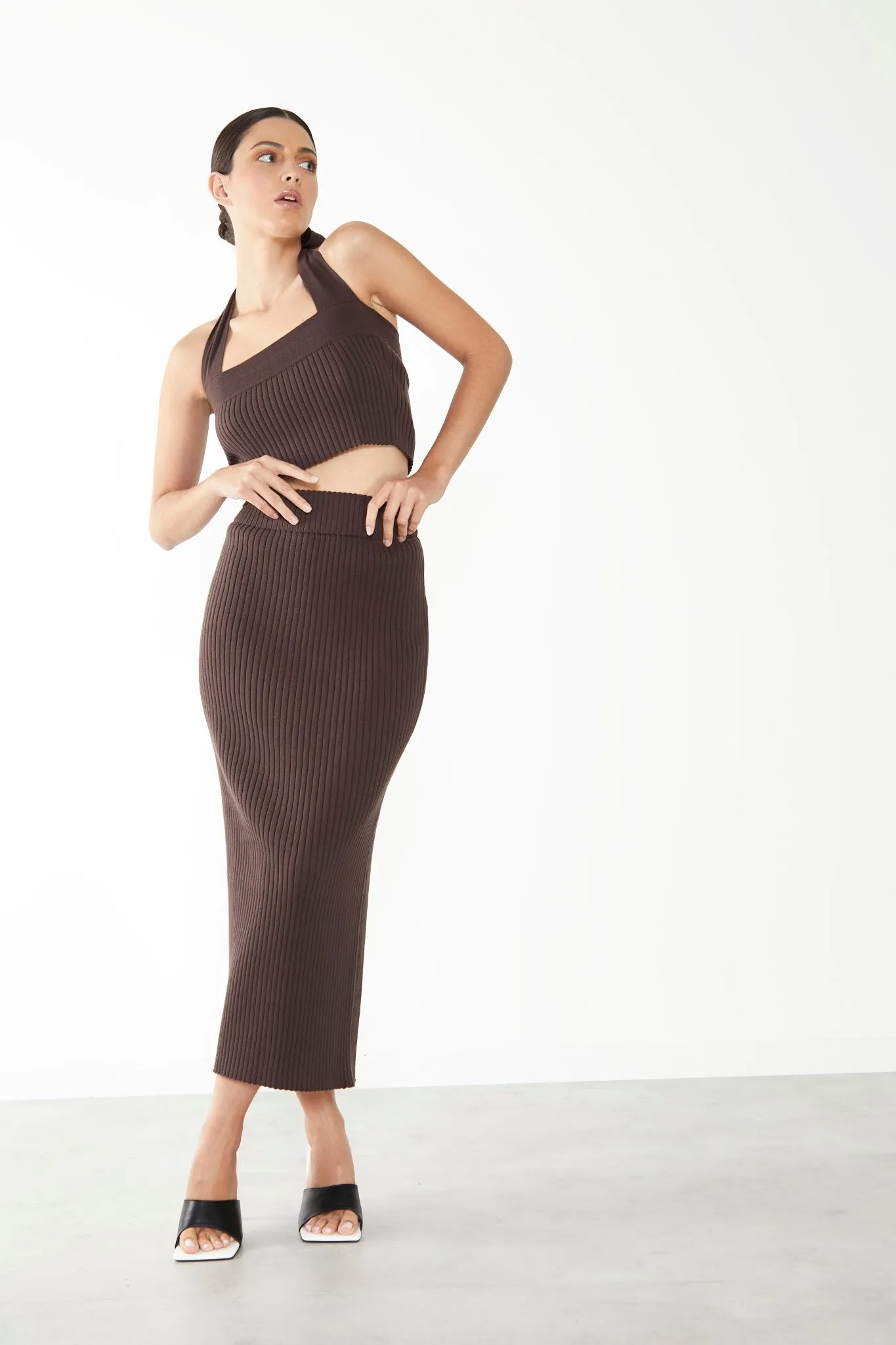 Glamorous Care Brown Ribbed Midi Skirt