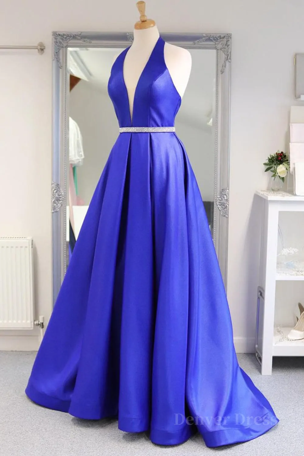 Halter V Neck Backless Blue Long Prom Dresses with Belt Backless Blue Formal Evening Dresses