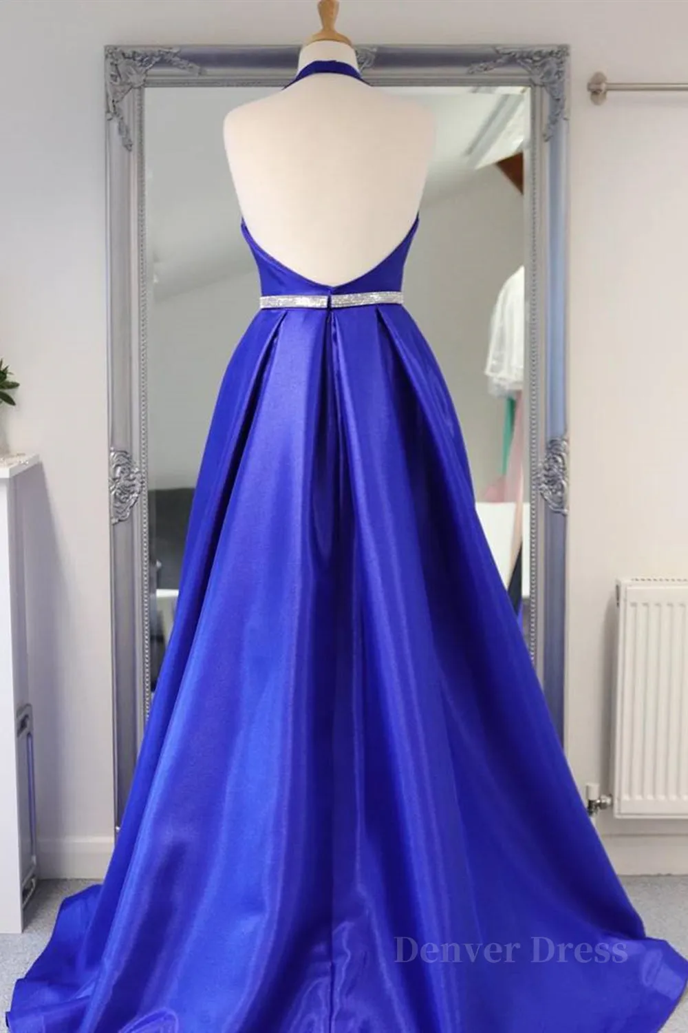 Halter V Neck Backless Blue Long Prom Dresses with Belt Backless Blue Formal Evening Dresses