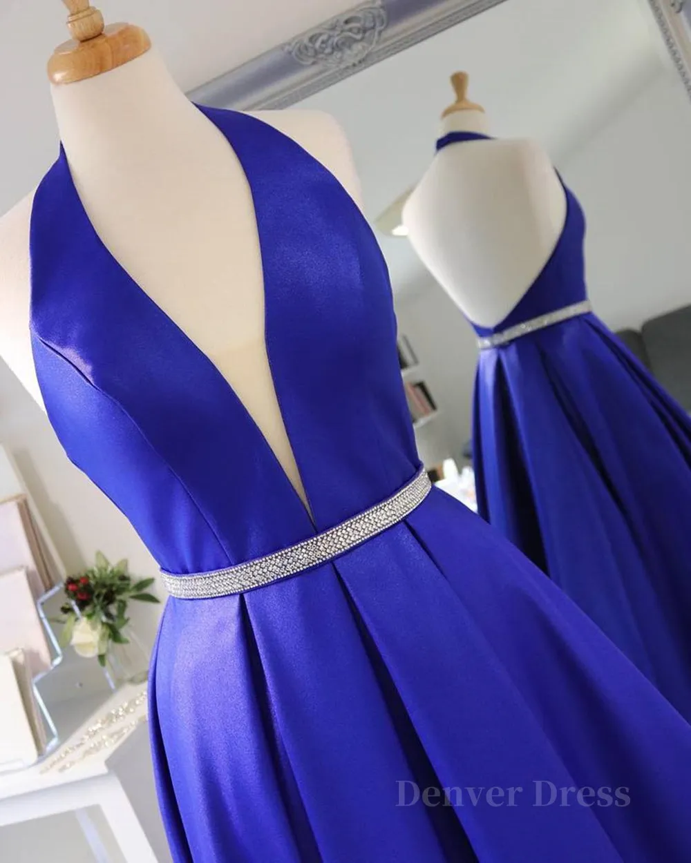 Halter V Neck Backless Blue Long Prom Dresses with Belt Backless Blue Formal Evening Dresses