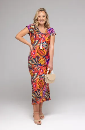 Java Print Short Sleeve Jersey Maxi Dress