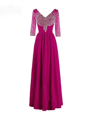 Latest Long Evening Dress With 3/4 Sleeves V-neck Beadings Chiffon