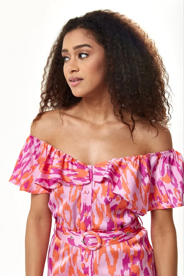 Liquorish Belted Midi Dress With Off Shoulder Sleeves Pink