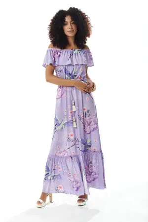 Liquorish Floral And Bird Print Off Shoulder Maxi Dress