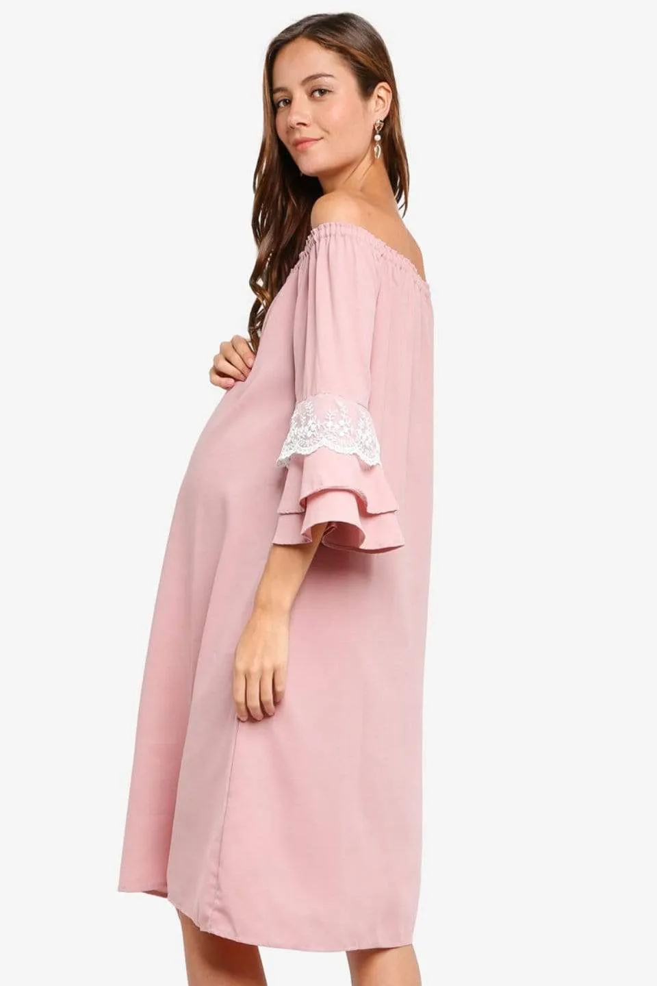 Long Sleeves Off-Shoulder Dericka Dusty Pink Maternity Dress