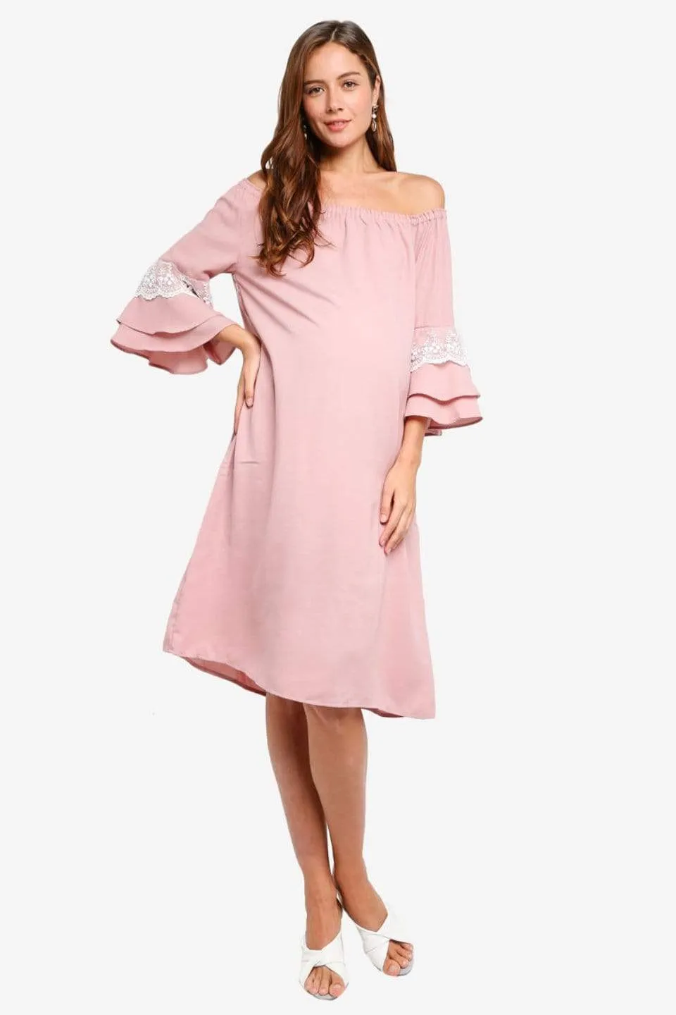 Long Sleeves Off-Shoulder Dericka Dusty Pink Maternity Dress