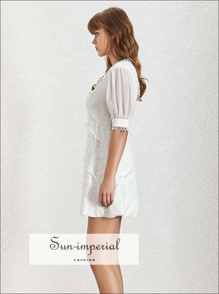 Lorelei Dress - White Short Sleeve Mini Dress Lace Patchwork V Neck