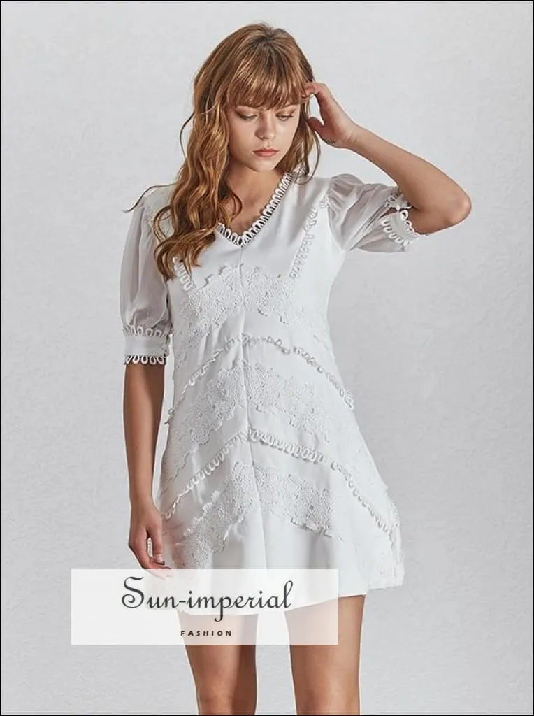 Lorelei Dress - White Short Sleeve Mini Dress Lace Patchwork V Neck