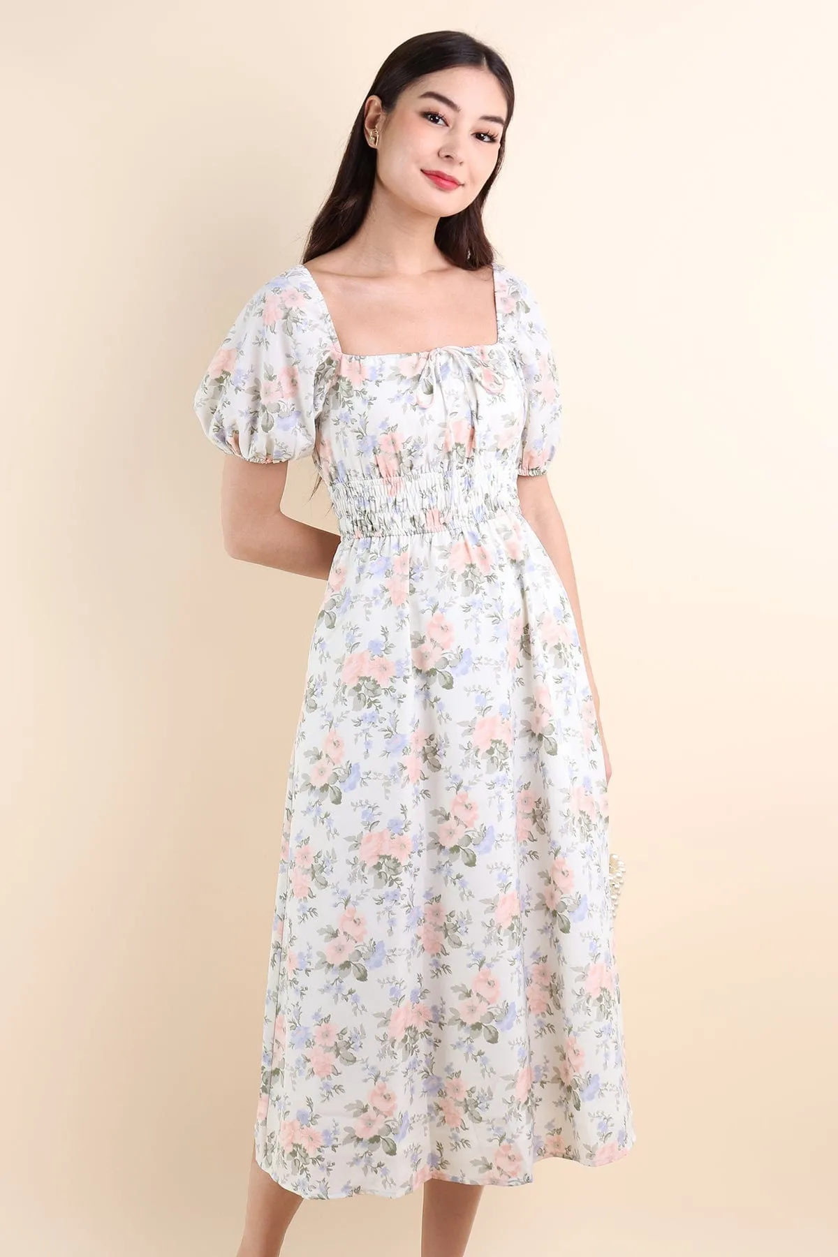 LYLA FLORAL MIDI DRESS IN WHITE